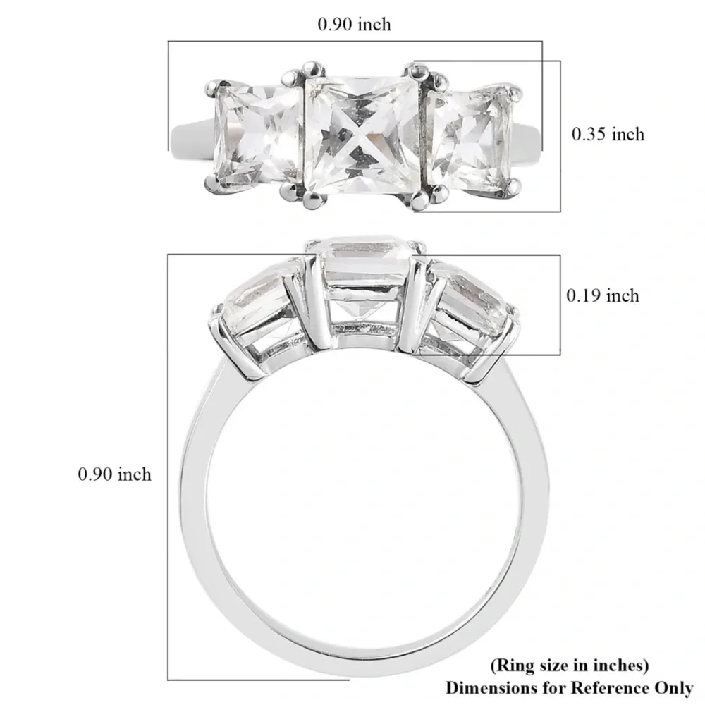 Princess Cut White Topaz 3 Stone Ring in Stainless Steel (Size 11) 3.10 carats